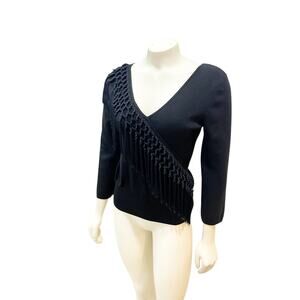 Cache Asymmetrical Fringe Tassel Silk Top Black Quarter Sleeve Large